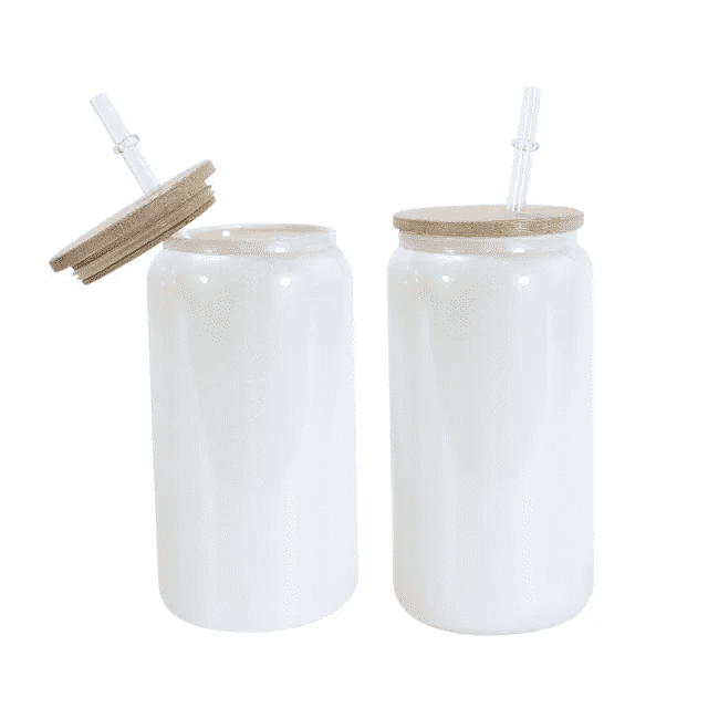 16oz Glitter Shimmer Glass Can with Straw&Bamboo Lid