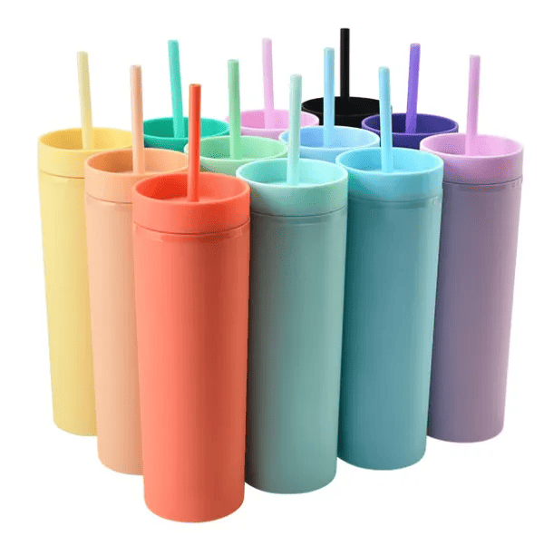 16oz Plastic Skinny Tumblers with Straw Double Wall