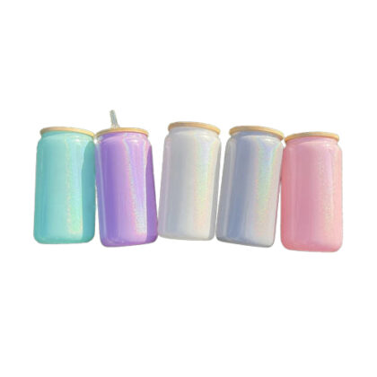 Wholesale 16oz Glitter Shimmer Glass Can with Straw and Bamboo Lid