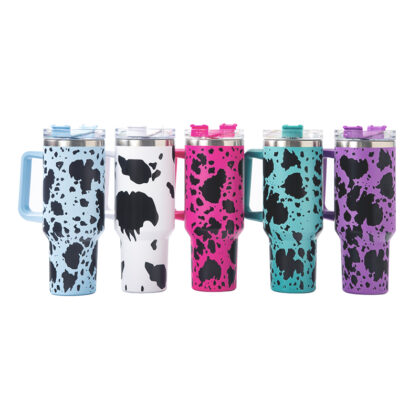 Cow Print 40oz Tumbler with Handle Stainless Steel Travel Mug Non-Sublimation