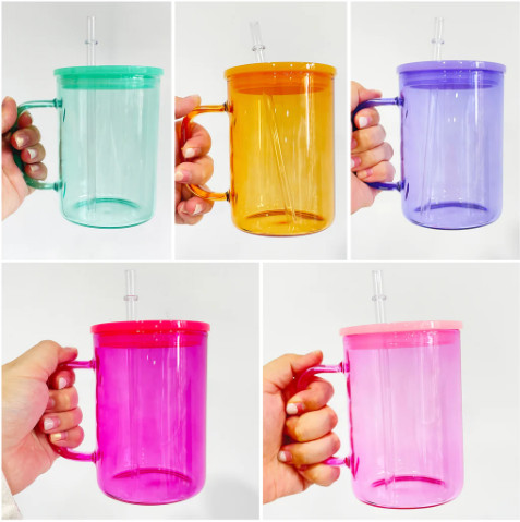 15oz Colored Jelly Candy Sublimation Blank Glass Tumblers with Handle