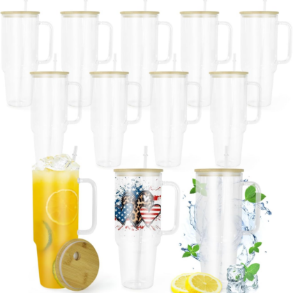 40oz Sublimation Clear Glass Tumbler with Handle & Bamboo Lid