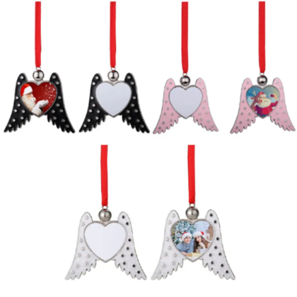 Sublimation Blank Metal Angel Wings Heart Christmas Ornaments
