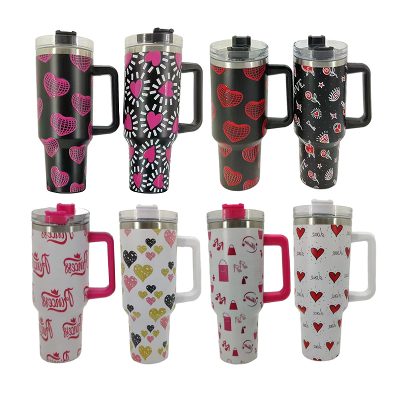 Valentines Theme Printed 40oz Double Wall Stainless Steel Vacuum Tumbler  With Handle - Screw On Matching Lid With Contrast Grip Featuring 3  Positions (Straw, Wide Mouth & Full Cover) - Sturdy Handle (