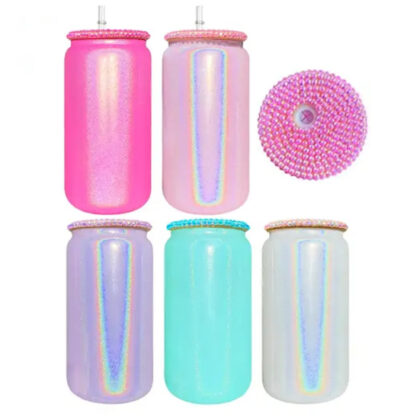 50pcs 16oz Sublimation Shimmer Glitter Can Glass with Jeweled Lid