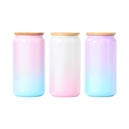 16oz Gradient Glitter Iridescent Glass Can with Bamboo Lid