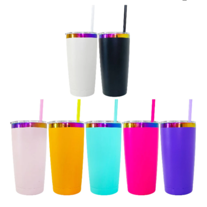 20oz Power Coated Rainbow Mugs with Colorful Straws