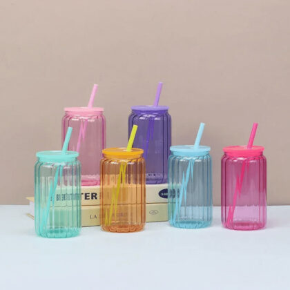 16oz Sublimation Striped Glass Mug with Colored Plastic Lid
